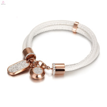 Crystal Rose Gold Stainless Steel Double Layer White Snake Leather Bangle Bracelet